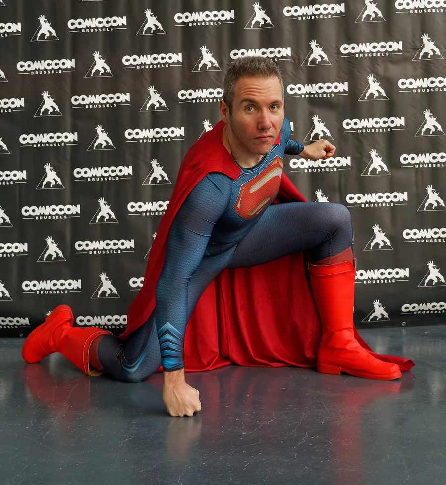 A contemporary Superman costume photographed at Brussels Comic Con in 2022