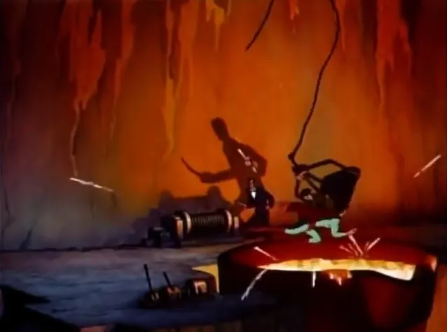 A scene from a 1940s Fleischer Studios Superman cartoon