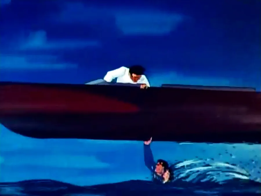 Superman flying over the sea at night in a 1940s Fleischer Studios cartoon
