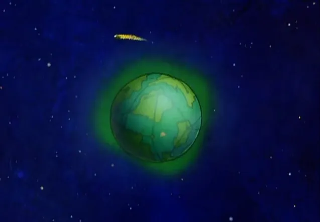 The planet Krypton seen from space as the rocket carrying Kal-El leaves it, from a 1940s animated short
