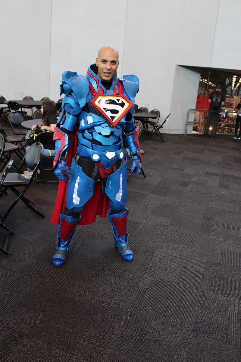 A modern armoured Superman costume photographed at New York Comic Con in 2017